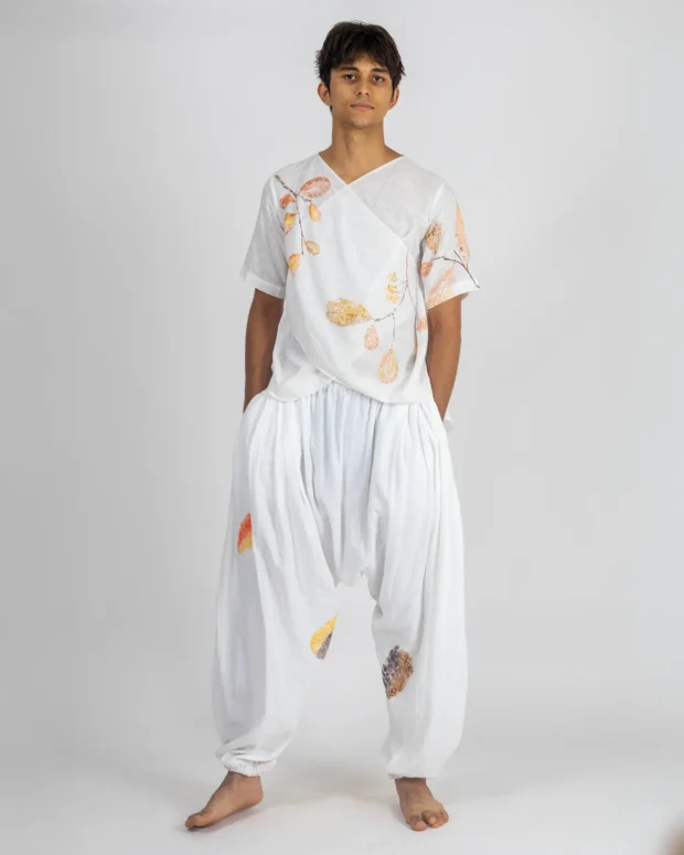 White Cashew Leaf Printed Crop Shirt with Harem Pants