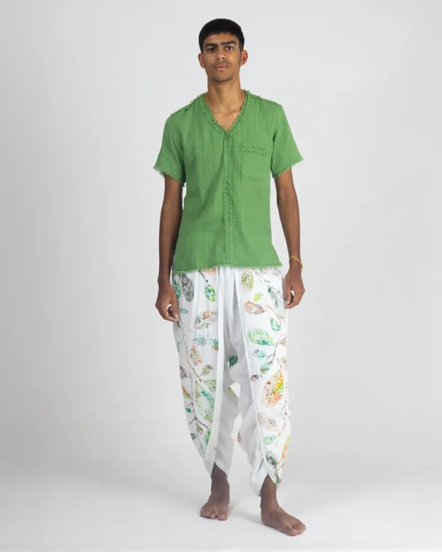 Green Raw Edged Shirt With Printed  Dhoti Pants