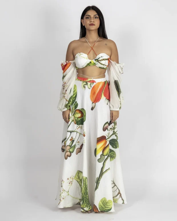 CashewPrint Bralette Top/Flared Long Skirt