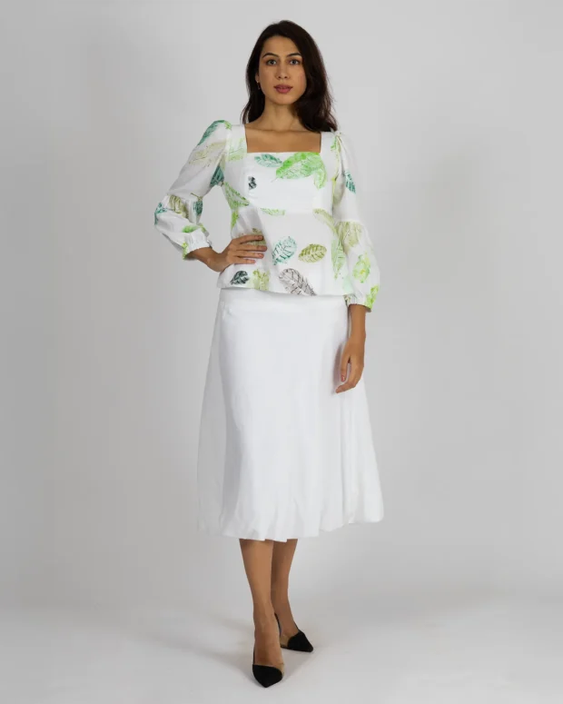 Cashew Leaf Hand Printed Top With White Midi Skirt