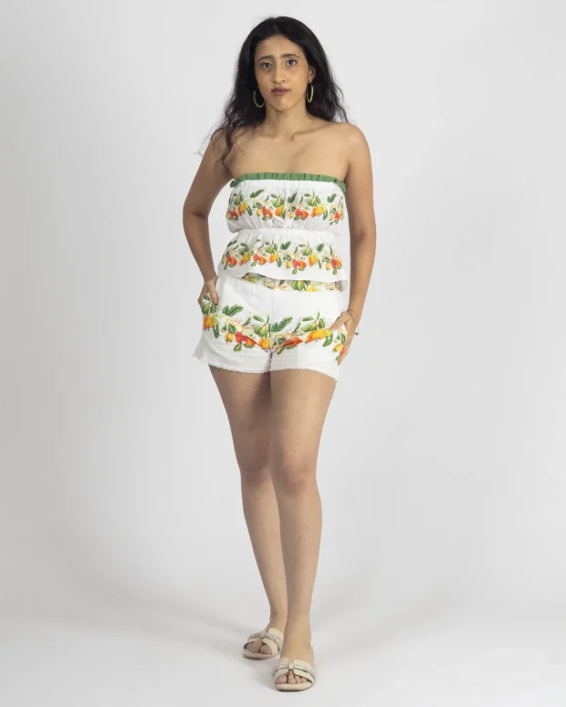 White Cashew Printed Tube Top with Shorts