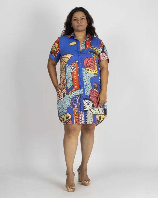 Royal Blue Artistic Digital Printed  Shirt Dress