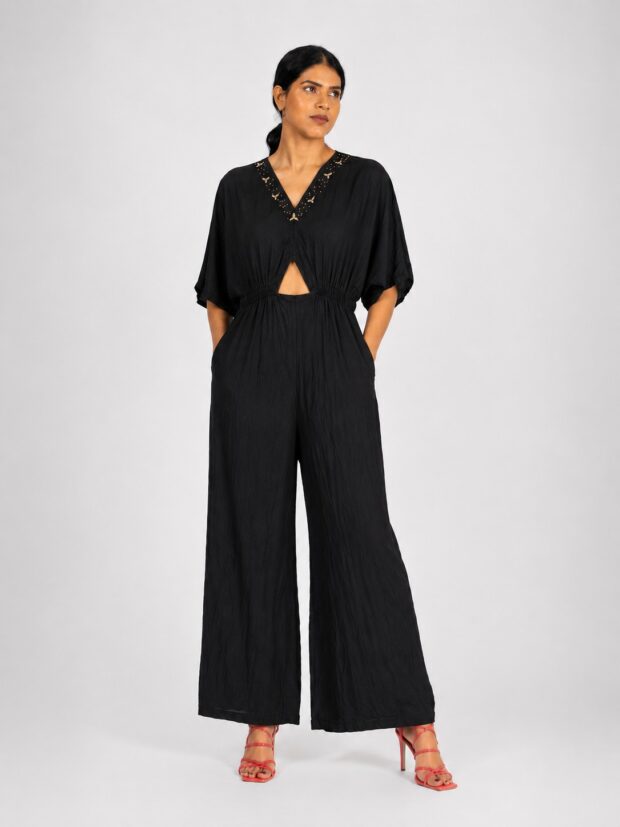Elegant Black Jumpsuit with Embellished Neck