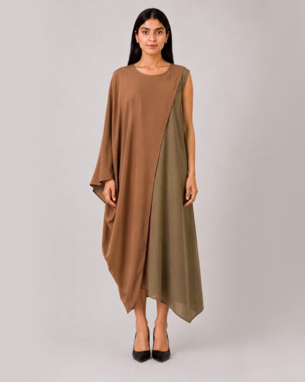 Elegant Color-Block Asymmetrical Draped dress