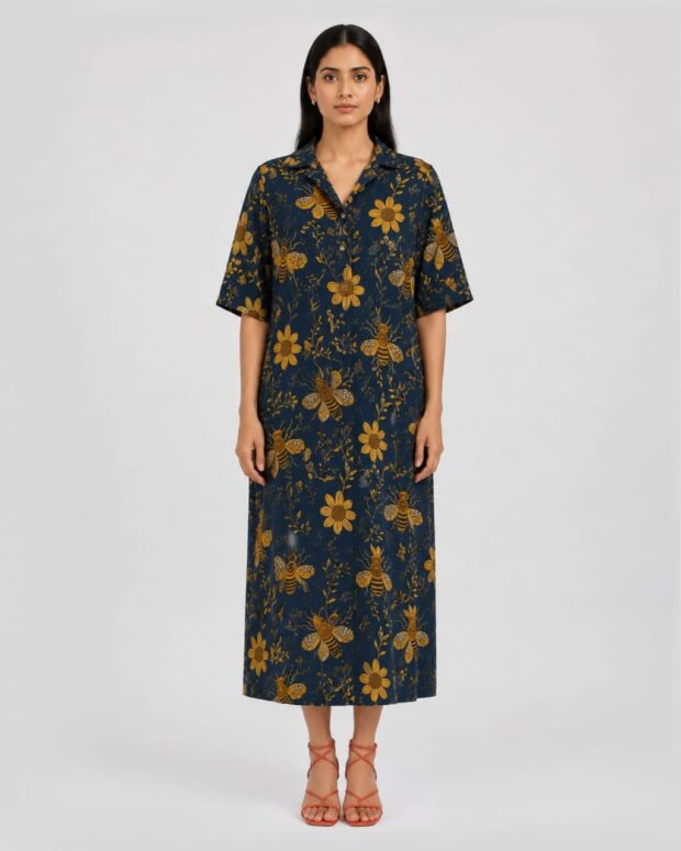 Elegant Floral and Bee Motifs Printed Maxi Dress
