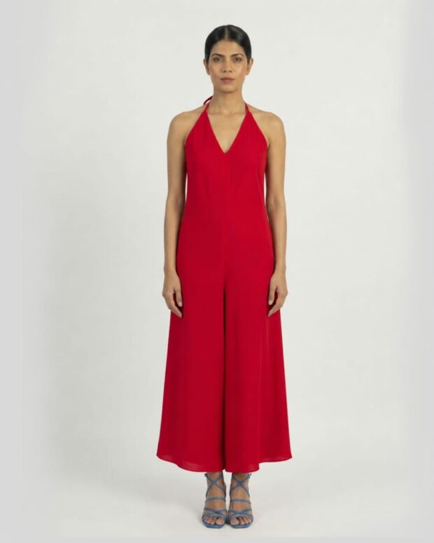 Bold Red Halter Wide Leg Jumpsuit