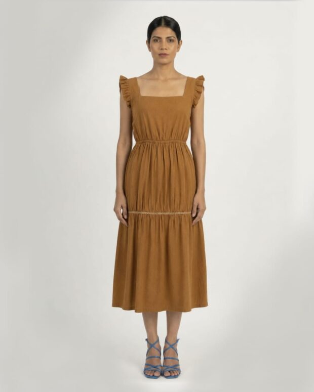 Brown Flutter Sleeve Dress