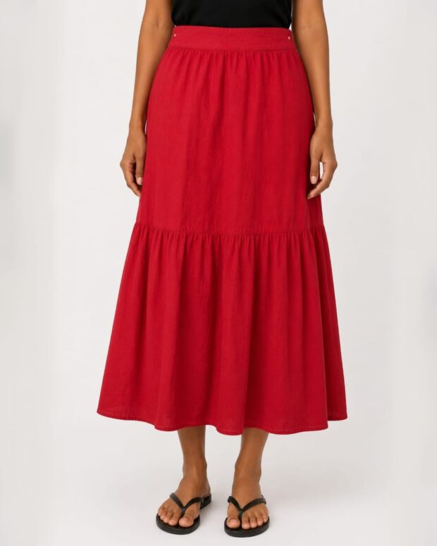 Red Tiered Midi Skirt