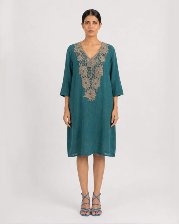Teal Embroidered Shift Dress
