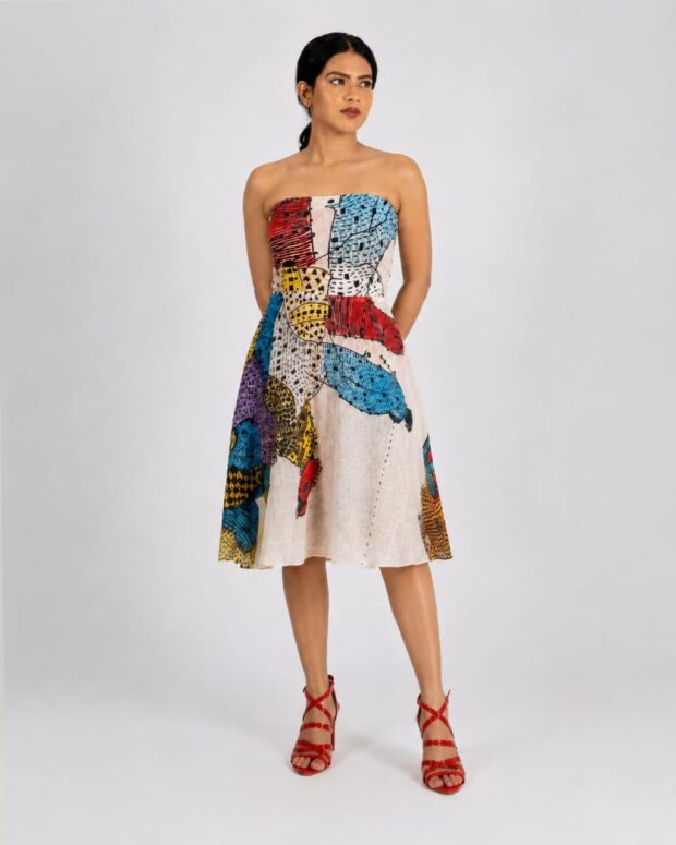 Cotton Abstract Print Strapless Midi Dress