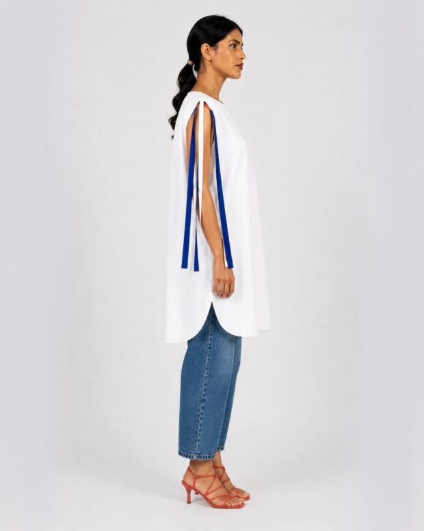 Alternative view of Contemporary White Tunic with Ribbon Accents