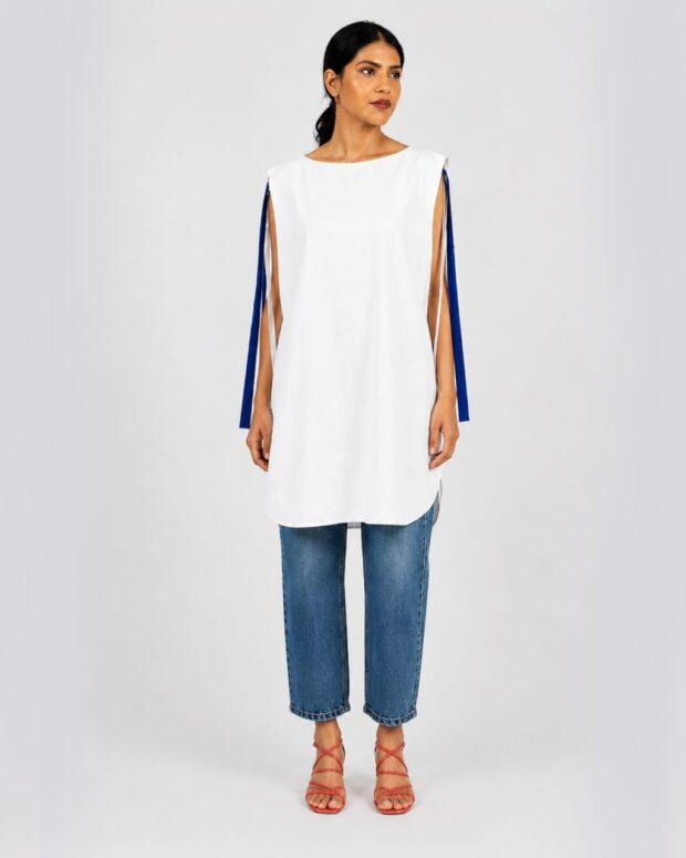 Contemporary White Tunic with Ribbon Accents