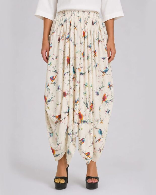 Bird Print Draped Harem Pants