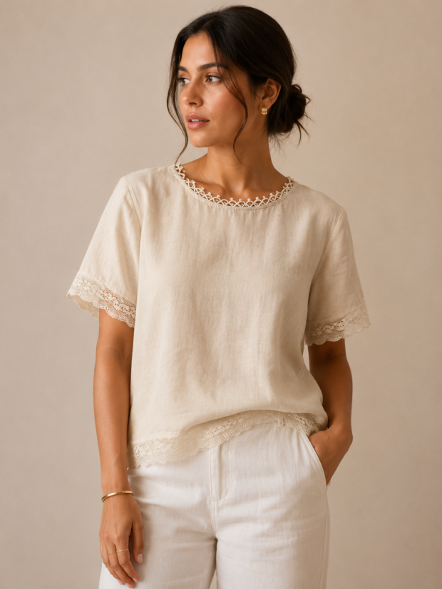 Linen Lace Trim Top