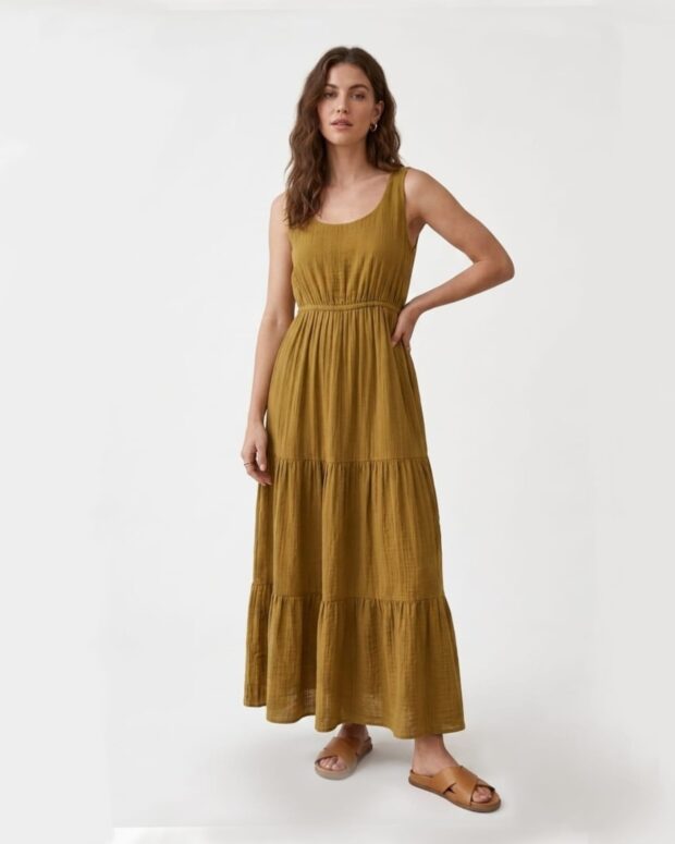 Mustard Cotton Tiered Maxi Dress