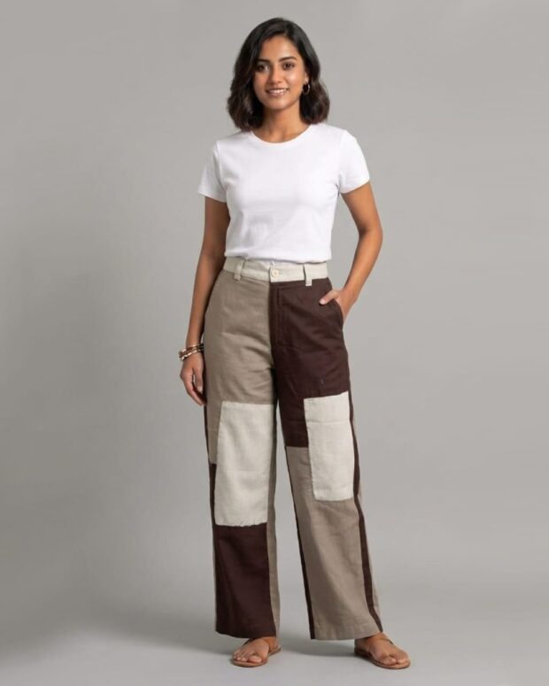 Color-Block Patchwork Wide-Leg Trousers