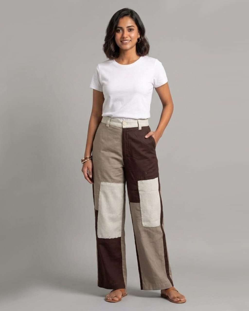 Color-Block Patchwork Wide-Leg Trousers