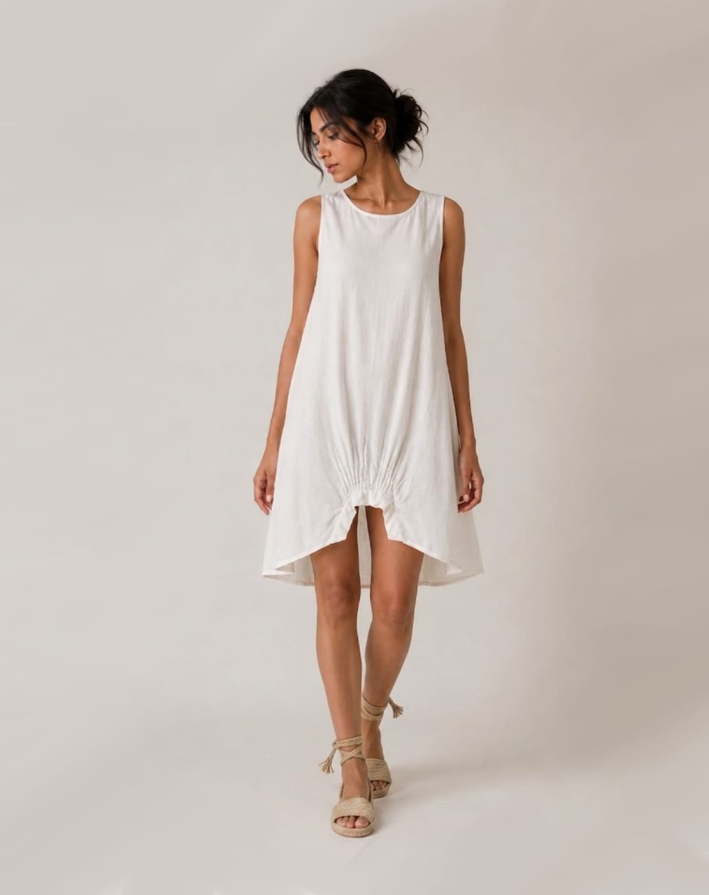 White Gathered Hem Dress