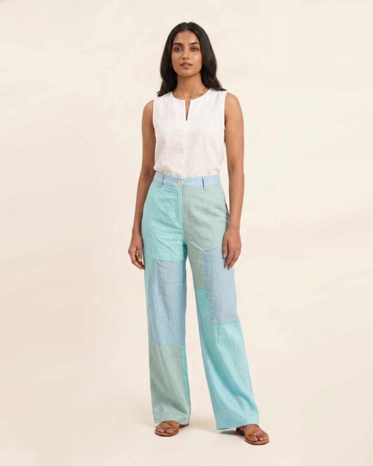 Blue Patchwork Wide-Leg Pants